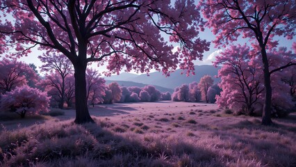 Obraz premium Serene Pink Landscape with Trees and Mountains Under Soft Light