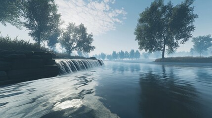 Misty forest river flowing over small waterfall, tranquil nature scene, perfect for wallpaper or screensaver