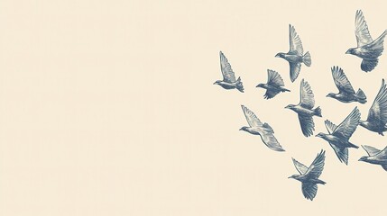 Flying Pigeons with Flock, Birds, Sky, and Beige Background.