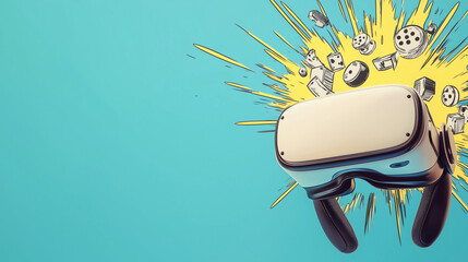 Virtual Reality Explosion: An illustrated virtual reality headset explodes with various objects, symbolizing the immersive and dynamic experience of VR technology on a vibrant, futuristic background.