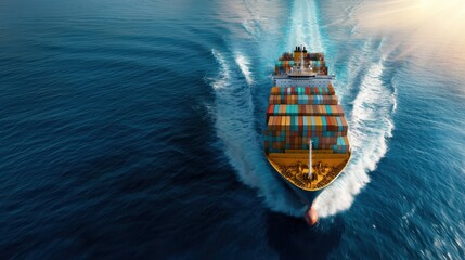 Aerial view of a massive container cargo ship speeding across the shimmering blue ocean waters at sunset  The ship is loaded with colorful freight containers