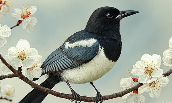 magpie on a branch. The national bird of Bangladesh is sitting on the branch of Doel tree