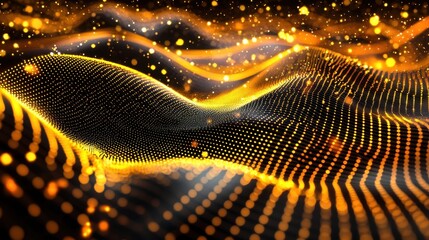 Abstract glowing orange particles flowing in fiber optic strands, creating a futuristic effect.