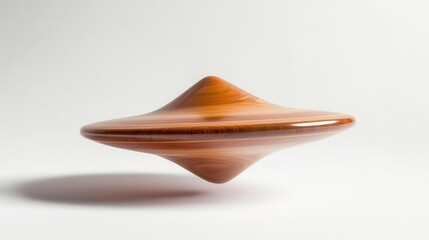 A floating wooden spinning top isolated on a white surface