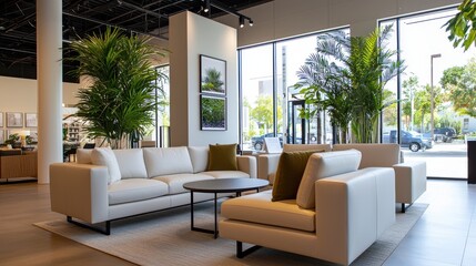 Bright and airy modern living room interior design with comfortable sofa armchair coffee table and potted plants