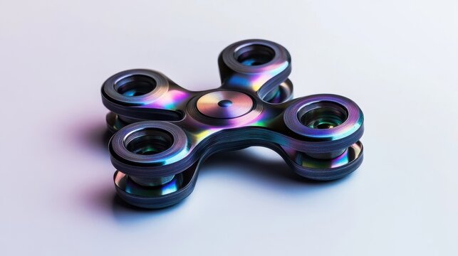 A colorful metallic fidget spinner resting on a white surface