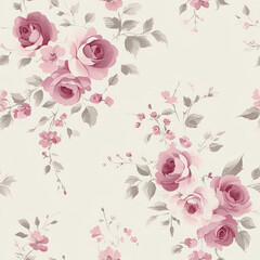 Romantic floral seamless pattern with roses and cherry blossoms on soft background, Summer Textile Seamless Pattern Background