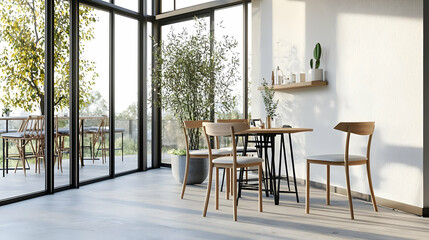 Obraz premium Modern Minimalist Cafe Interior With Wooden Furniture And Outdoor View