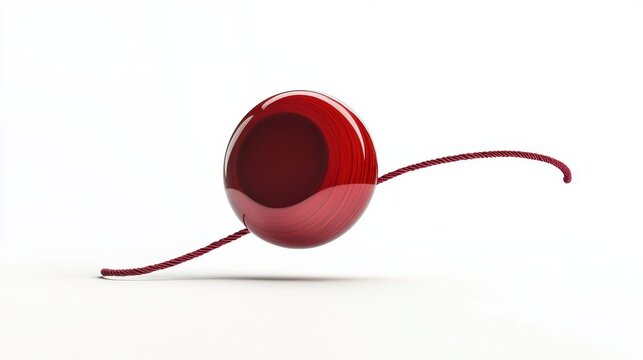 A shiny red wooden sphere attached to two dangling strings