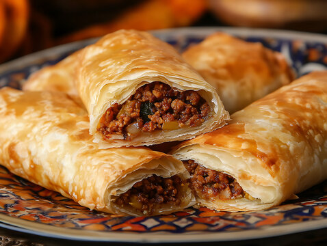 Bourek &ndash; A crispy, golden-brown Algerian pastry filled with a savory mix of ground meat, cheese, potatoes, and spinach. 
