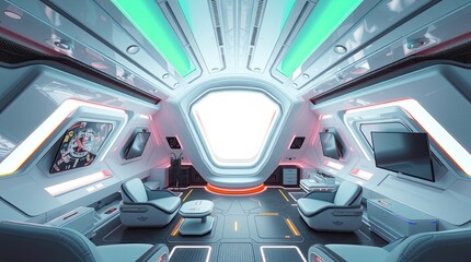 Sleek futuristic spaceship interior with viewing window and stylish seating
