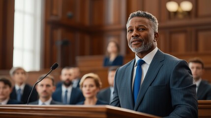 A confident speaker addresses a courtroom audience, emphasizing legal arguments with an attentive group of individuals in formal attire.