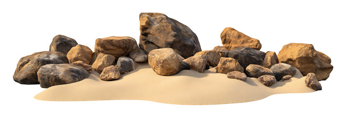 Obraz premium Varied Rock Formations Arranged on Smooth Sand Surface on transparent background , png , cutout