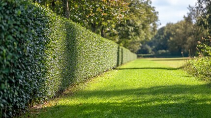 Obraz premium A long, manicured green hedge runs alongside bright green grass. It can illustrate landscaping, property lines, or garden privacy.