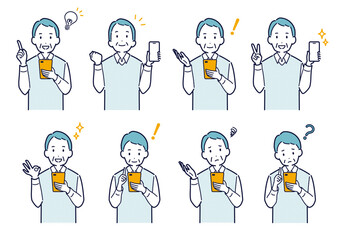 スマホを持つシニア男性のイラストセット
