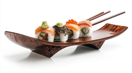 Delicious sushi rolls with chopsticks are resting on a wooden plate