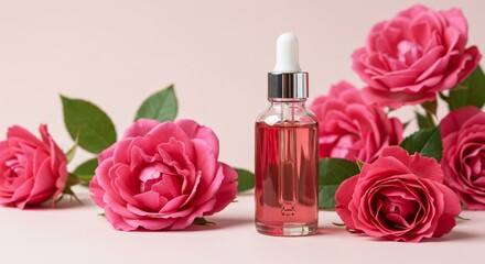 Rose Oil Dropper Bottle with Pink Roses on Soft Background  