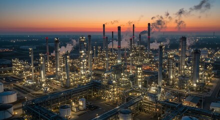 Fototapeta premium Industrial Complex at Sunset with Reflections and Smoke 