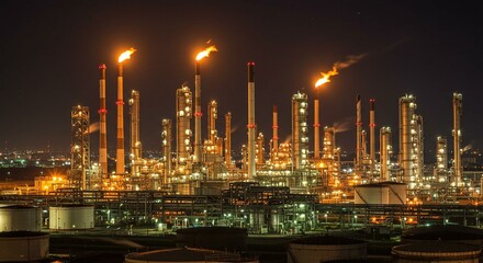 Fototapeta premium Industrial Oil Refinery at Night with Bright Flames 