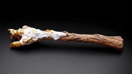 A sculpted, stylized dragon claw affixed to a wooden branch.  Gold accents on the claw and textured branch