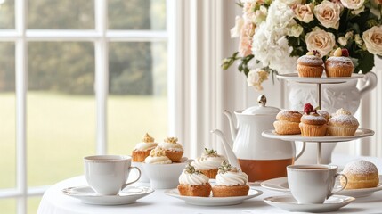 A captivating scene showcasing an array of delectable desserts and inviting hot beverages beautifully presented in a charming light filled cafe setting  The tempting treats including cupcakes muffins