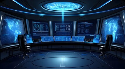 Futuristic Control Room with Advanced Technology and Digital Displays