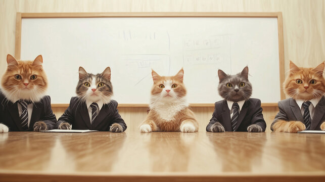 Business Cats in Boardroom: A comical scene unfolds as a panel of smartly dressed cats, each wearing a suit and tie, convene around a conference table in a mock boardroom setting.