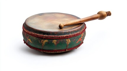 An antique drum and its wooden drumstick on a surface