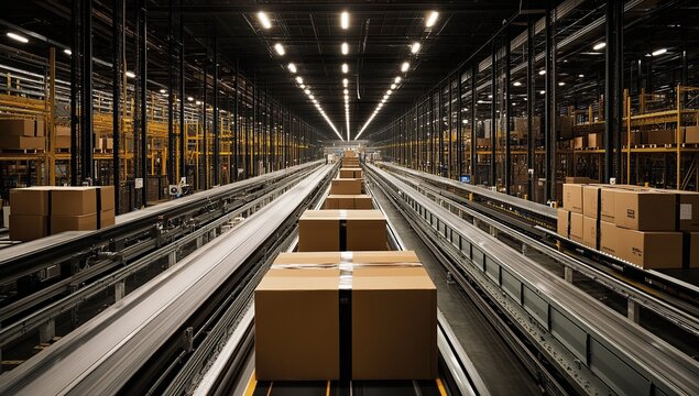 Interior of a Modern Warehouse with Conveyor Belts and Cardboard Boxes