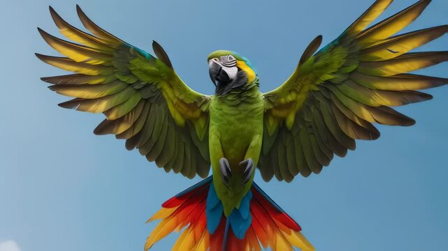 Amazon parrot soaring gracefully through the clear blue sky, its wide wings fully extended, showcasing an explosion of bold, vivid colors. Suitable for marketing or business purposes