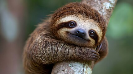 Fototapeta premium Cute Sloth Relaxing on Tree Branch in Lush Green Forest