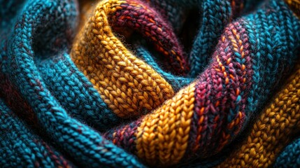 Knitted folds show blue, yellow, and red yarn in a soft, textured spiral