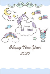 かわいいユニコーンの年賀状のテンプレート。2026年、午年、白馬、ベクター、干支、ゆめかわ、虹