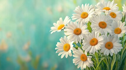 Obraz premium Fresh White Daisy Flowers in Bright Green and Blue Blurred Background