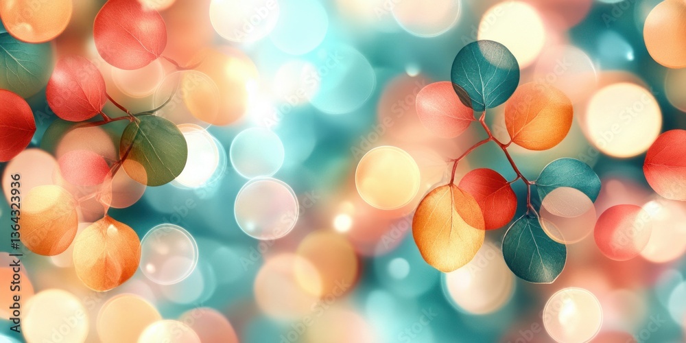 Poster Abstract Colorful Background with Bright Bokeh and Colorful Leaves