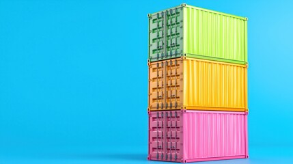 Colorful Stacked Cargo Shipping Containers on Blue Background Ideal for Logistics Import Export and Transportation Concepts