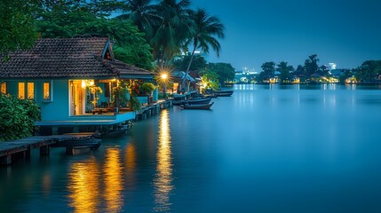 Fototapeta premium Tranquil Lake House Reflection at Night with Glowing Lights