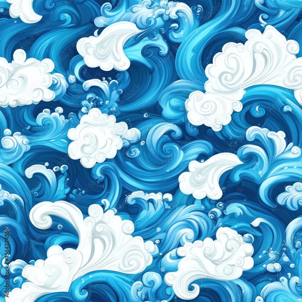 Aufkleber seamless pattern of stylized ocean waves blue water texture with white foam ideal for textile prints