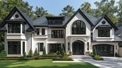 Large white mansion with black trim and green lawn on a sunny day