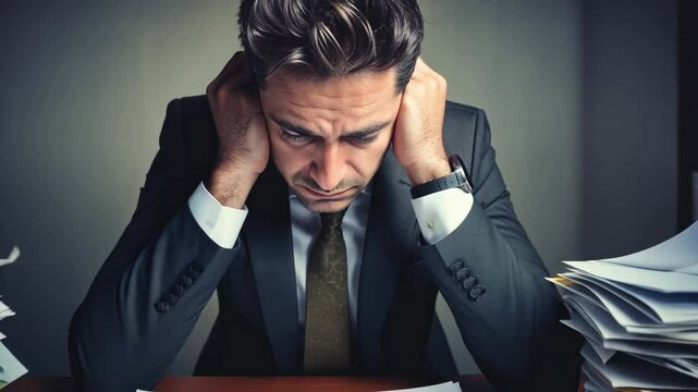 Overwhelmed Businessman: A portrait of a businessman in a suit, head in hands, slumped at a desk, amidst a pile of paperwork, conveying stress and the weight of pressure