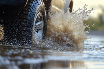 Car driving through snowy water on a wet road with ice and puddles