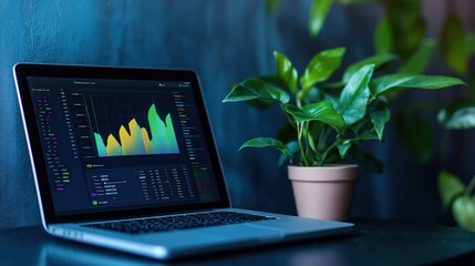 A laptop displaying colorful graphs sits next to a potted plant, suggesting a blend of technology and nature in a workspace setting.
