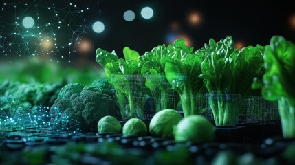 Lush green vegetables including broccoli and lettuce in a modern agricultural setting with digital overlays, representing innovation in farming technology.