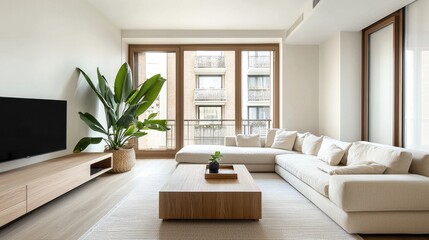 Bright and airy modern living room interior with minimalist furniture large natural plant decor creating a comfortable and stylish living space