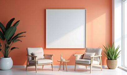 Warm coral walls subtly illuminate a calm minimalist living room scene. AI Generated