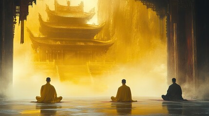 Meditating figures observe the ancient temple structure in golden light