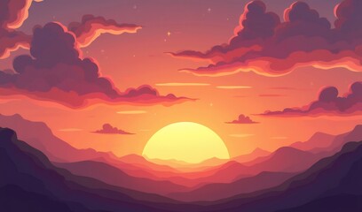Vibrant sunset paints fiery sky above rolling hills peaceful landscape. AI Generated