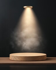 A spotlight illuminates a wooden platform with mist, creating a dramatic effect.