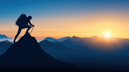 Silhouetted climbers reach a peak against a vibrant sunrise and mountain backdrop.