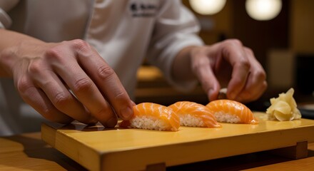 Chef de sushi preparando nigiri de salmón fresco